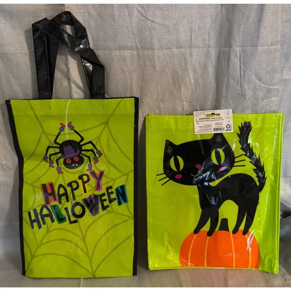 New Lot of 2 Halloween Tote Trick or Treat Candy Bags Black Cat Pumpkin Spider